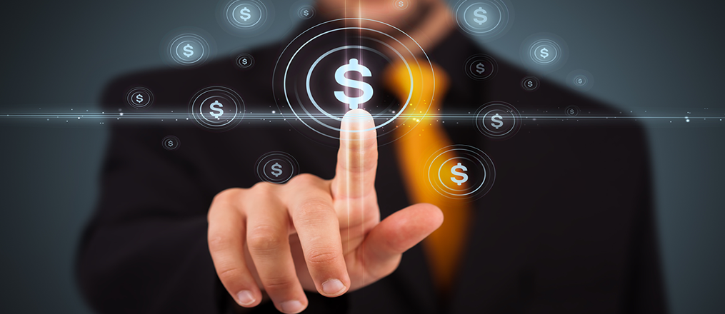 An image of someone pointing with index finger pointing at a dollar sign.